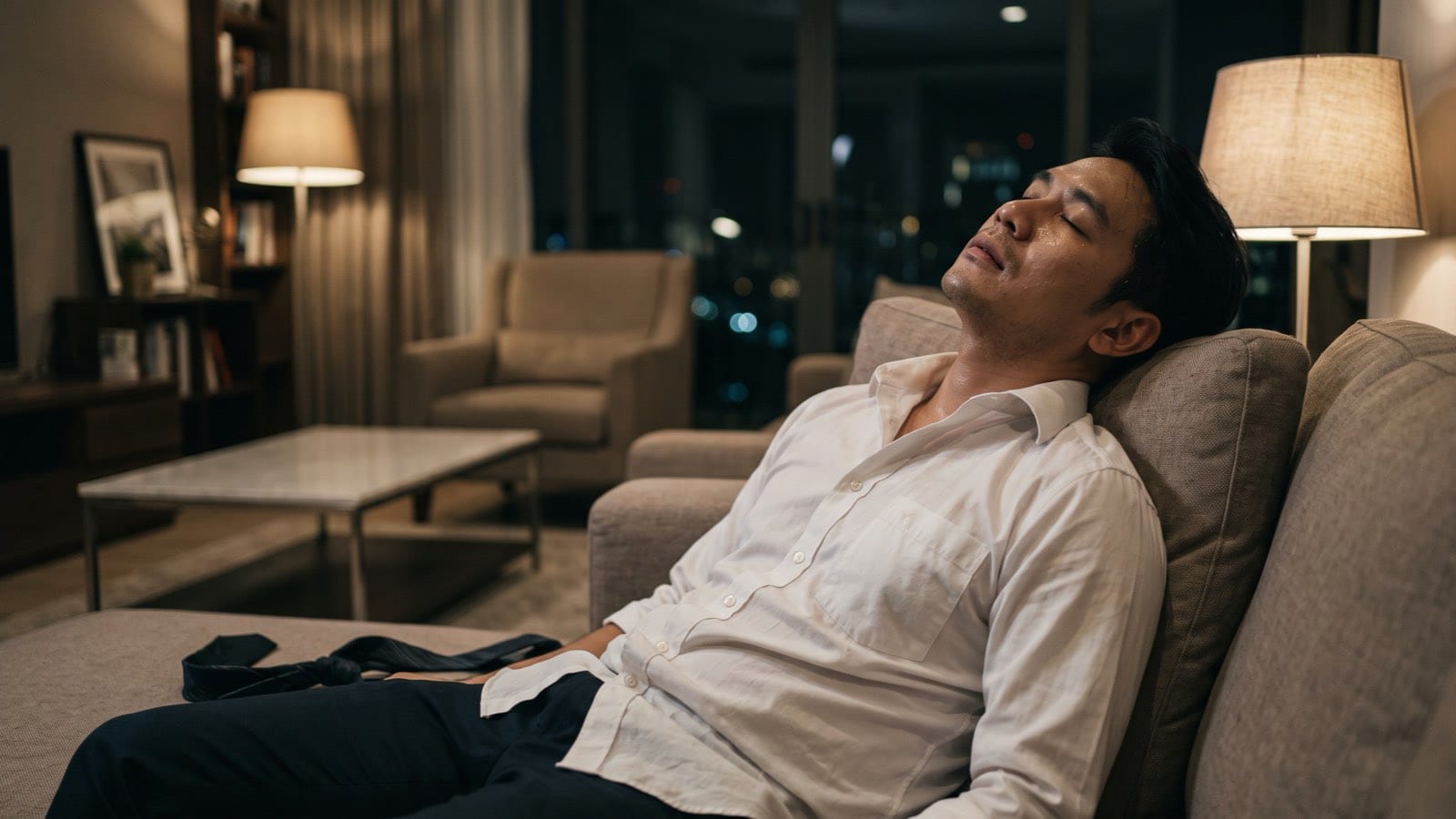 A man in a crumpled work shirt passed out on the sofa after coming home drunk