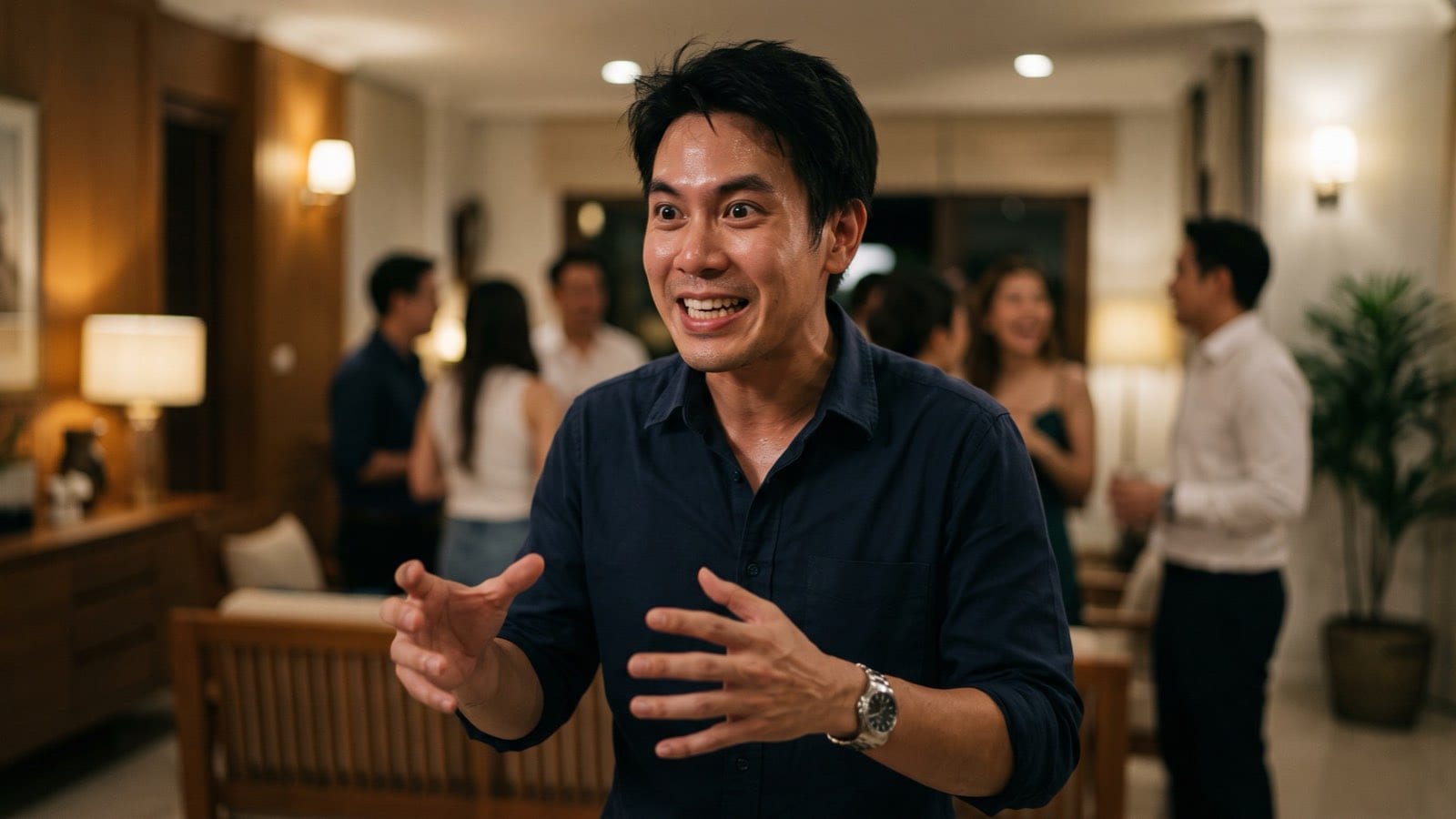 A man at a party looking abnormally energized and talking too fast under the effect of cocaine