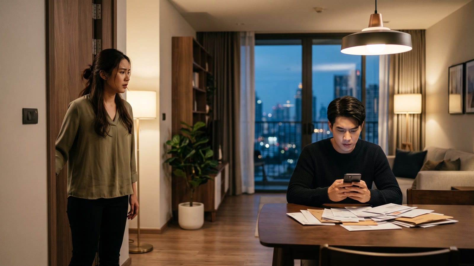 A young woman watching her partner stare at his phone late at night beside a pile of unpaid bills