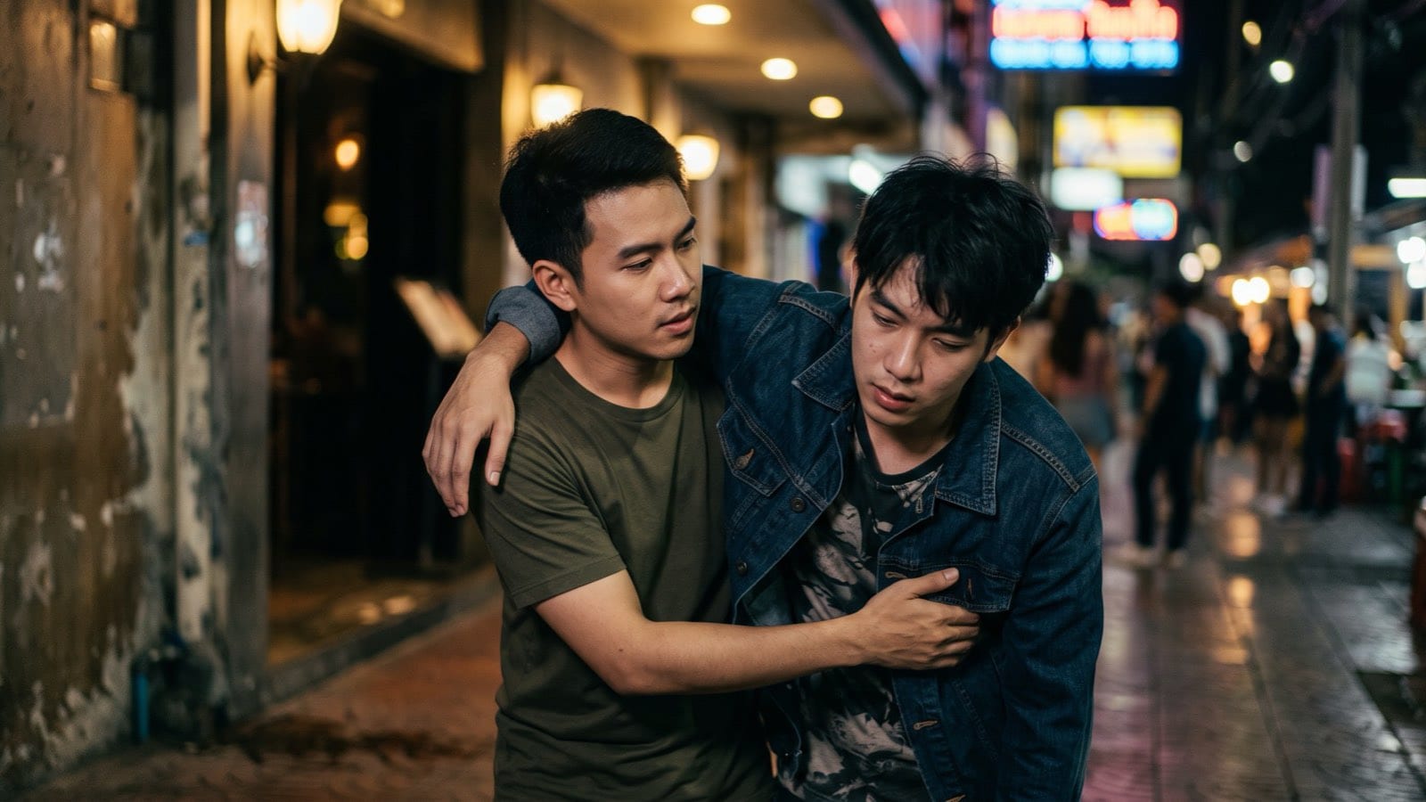 A young man supporting a friend who can barely stand outside a nightlife venue