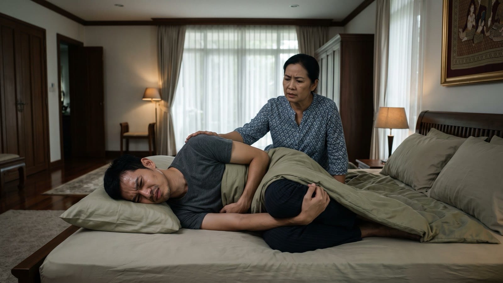 A man curled up in pain from heroin withdrawal while his mother cares for him at the bedside