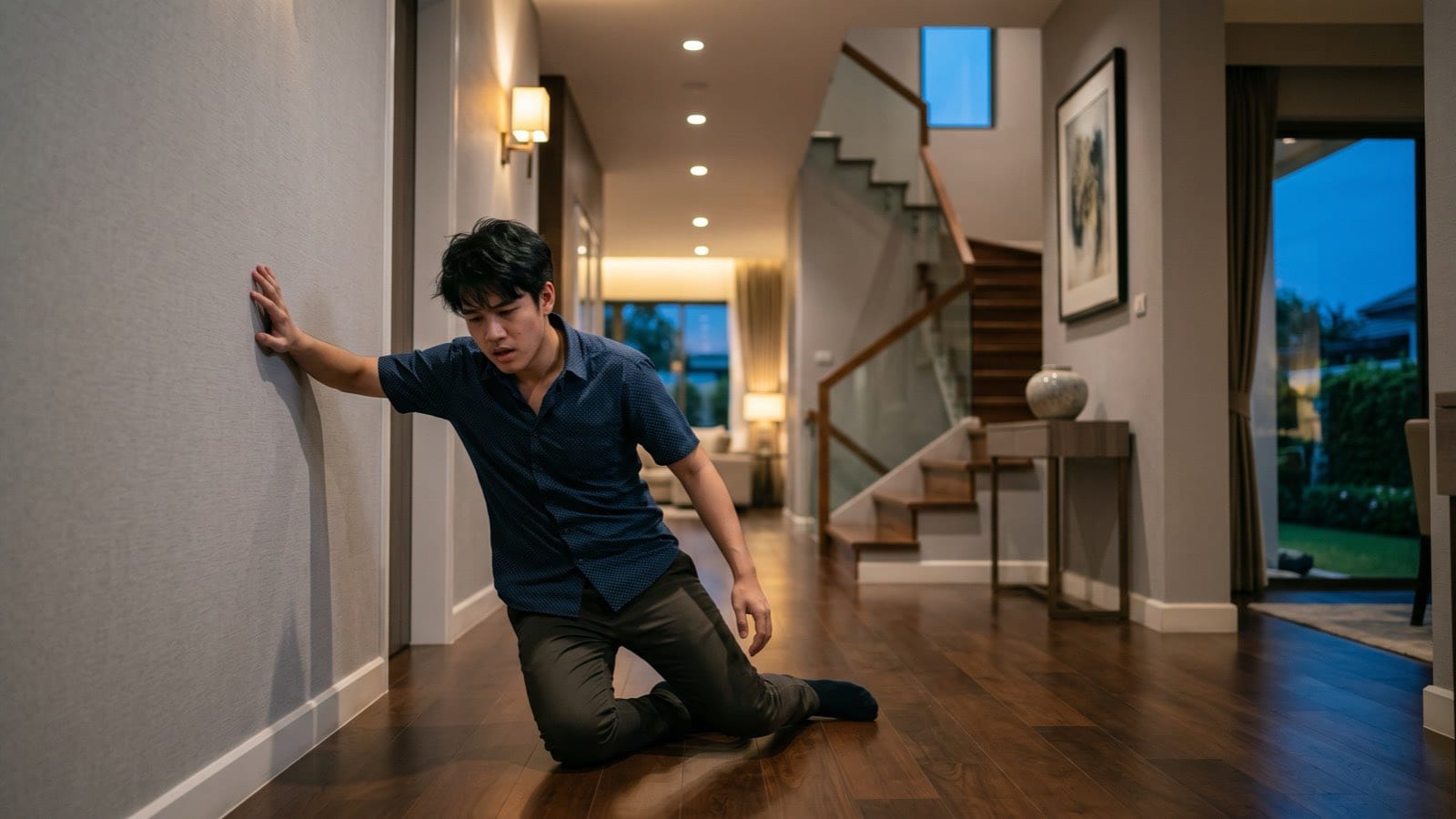 A young man whose legs give way, kneeling and bracing against a wall, dazed after using K-pods