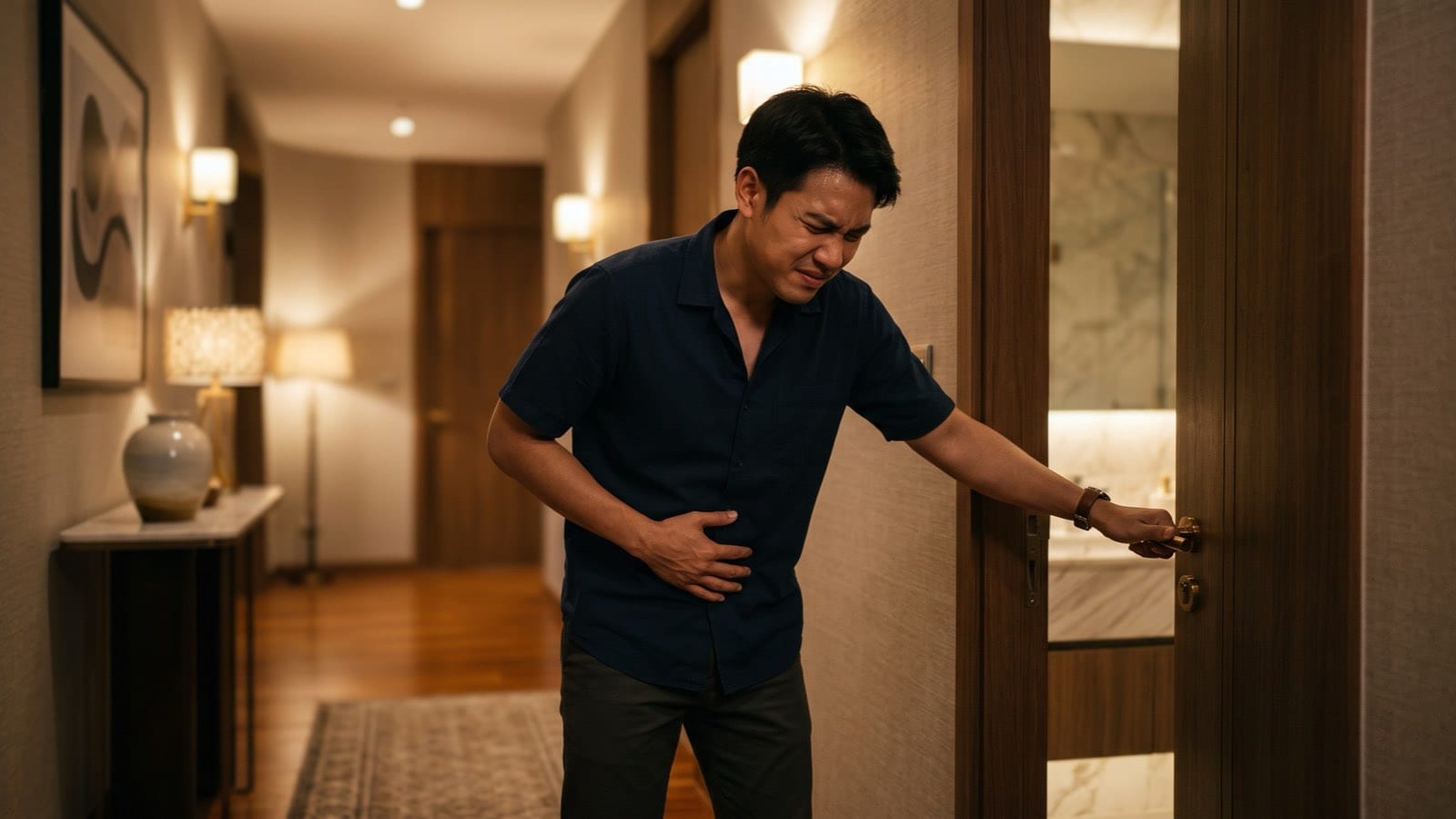 A man clutching his lower abdomen in pain as he opens the bathroom door, a sign of ketamine-related bladder damage