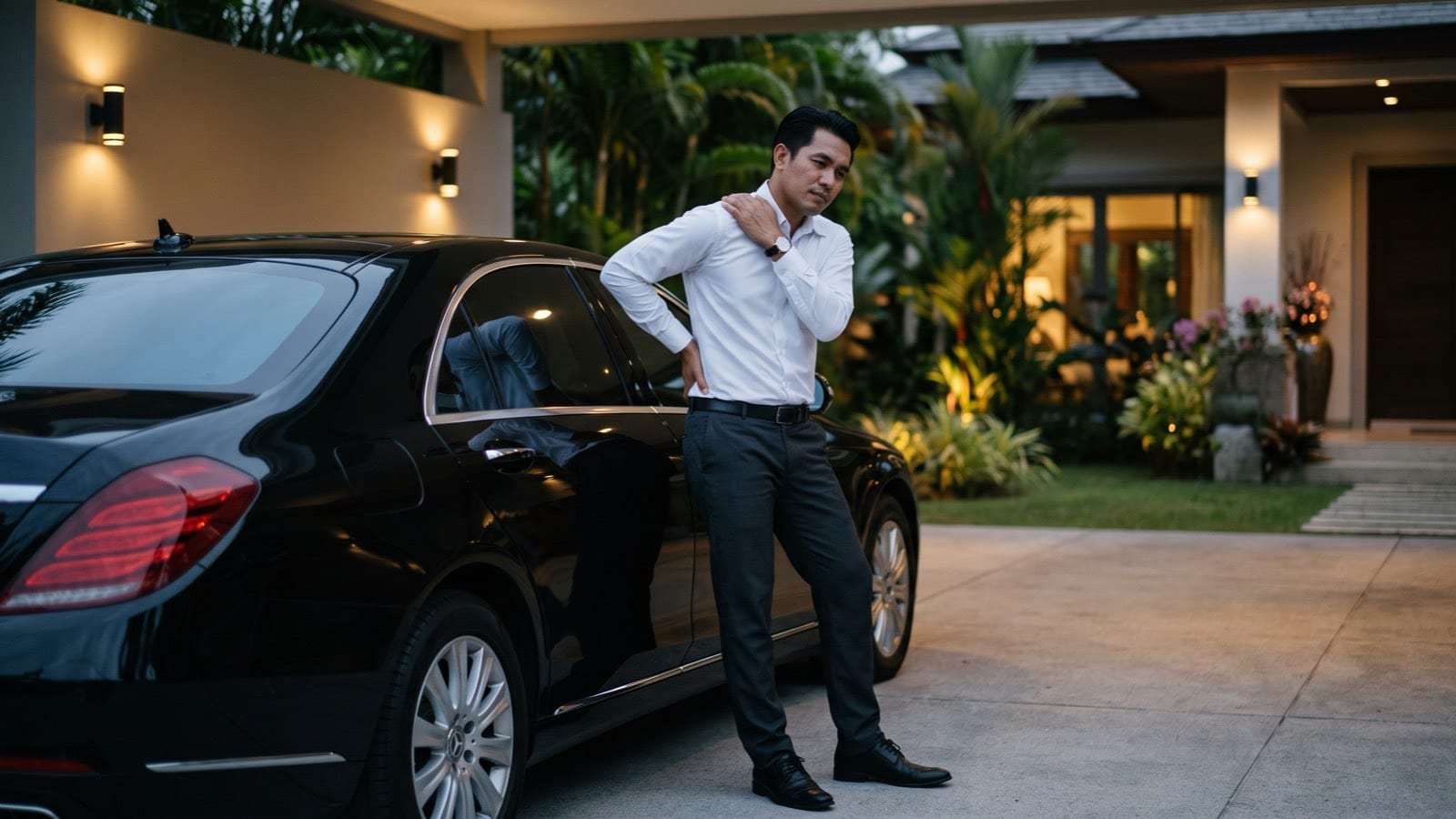 A working man standing beside a car rubbing his aching shoulder and back, worn out after a long day
