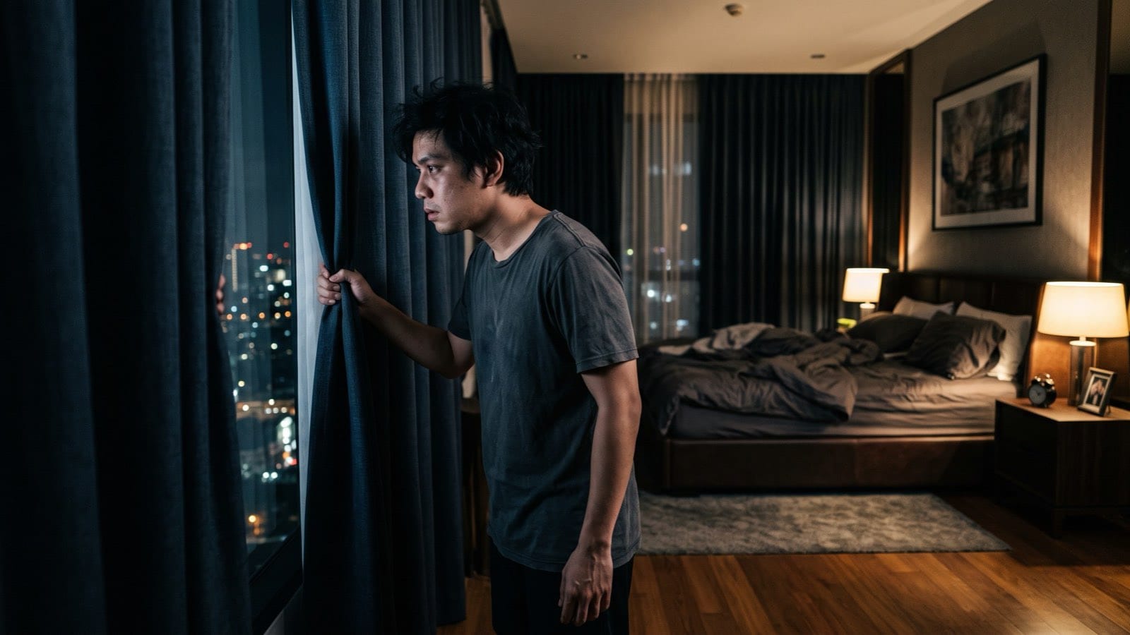 A young man peering through the curtains late at night with the paranoia caused by crystal meth