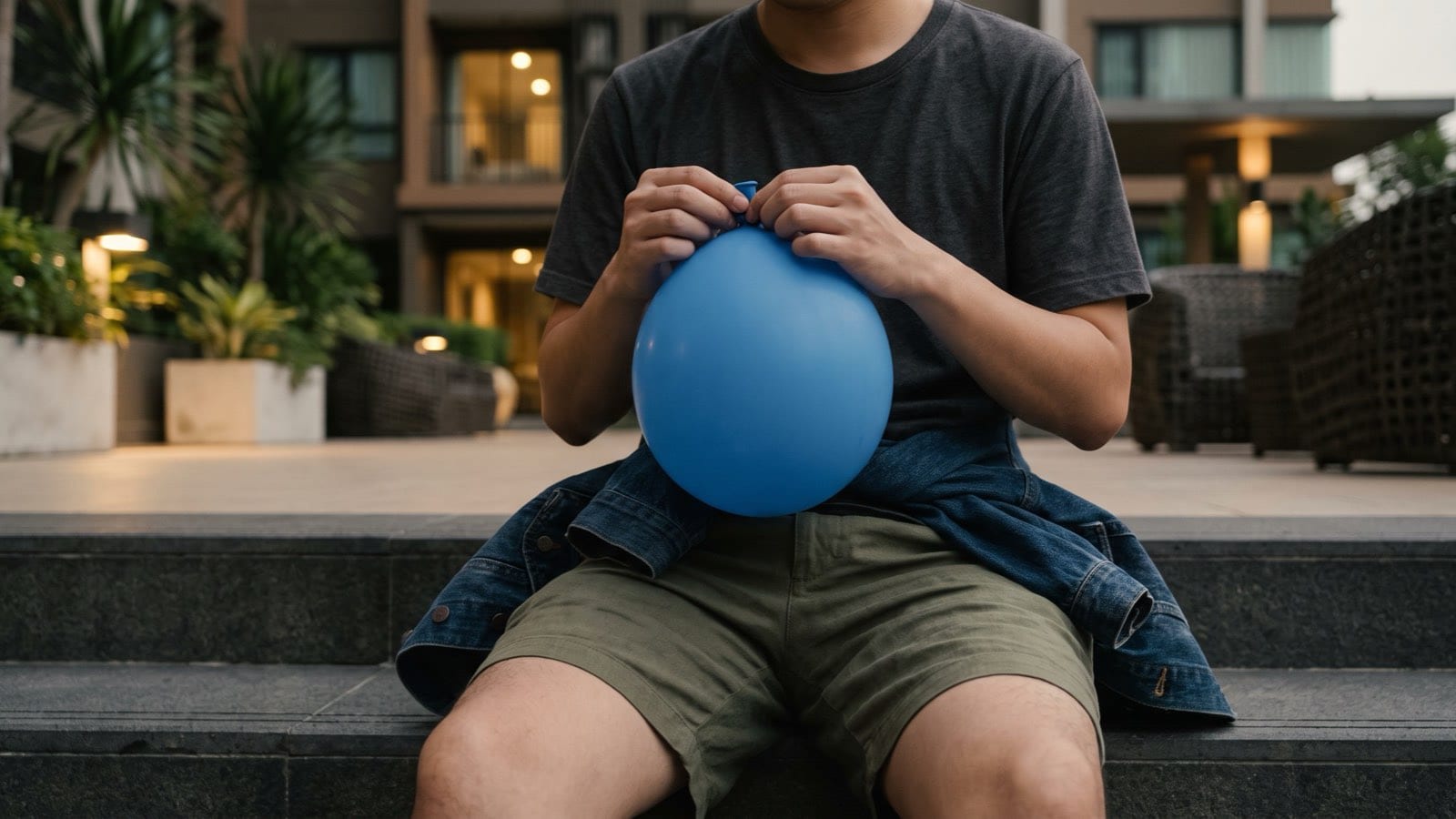 A person sitting with a balloon held to the chest, representing nitrous oxide use