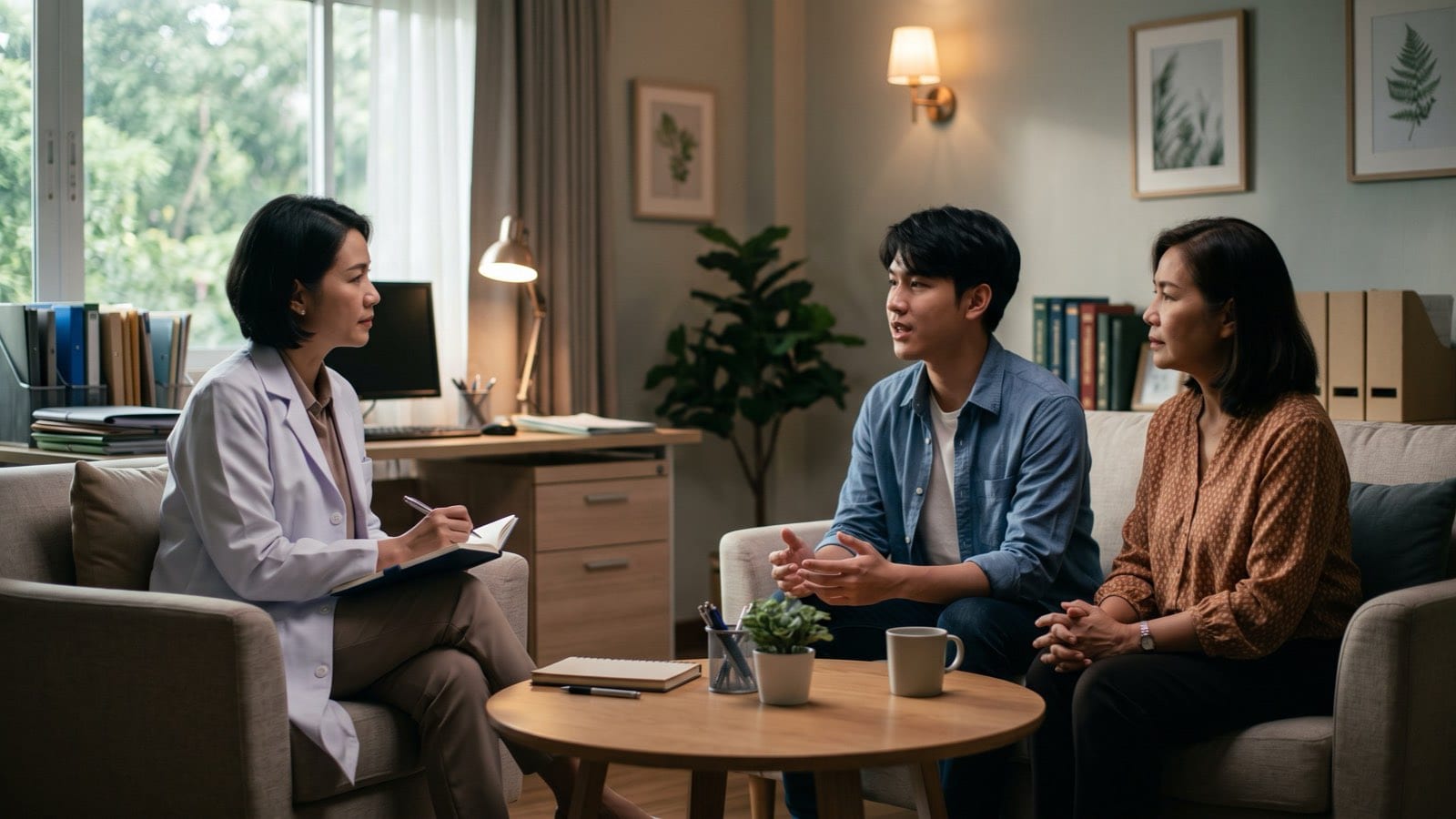 A psychiatrist assessing a young patient together with his mother in a consultation room