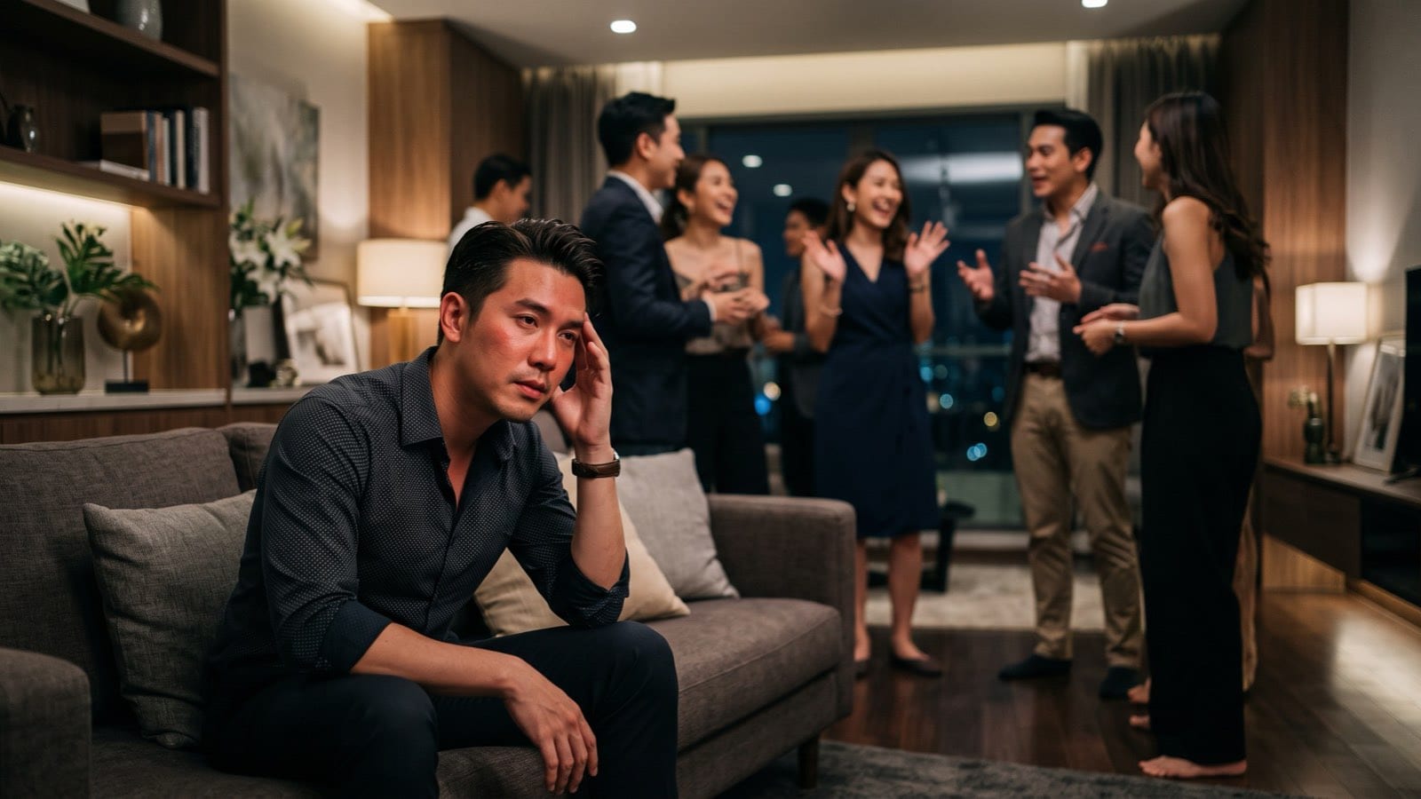 A man at a party sitting with his hand to his temple, flushed and dizzy